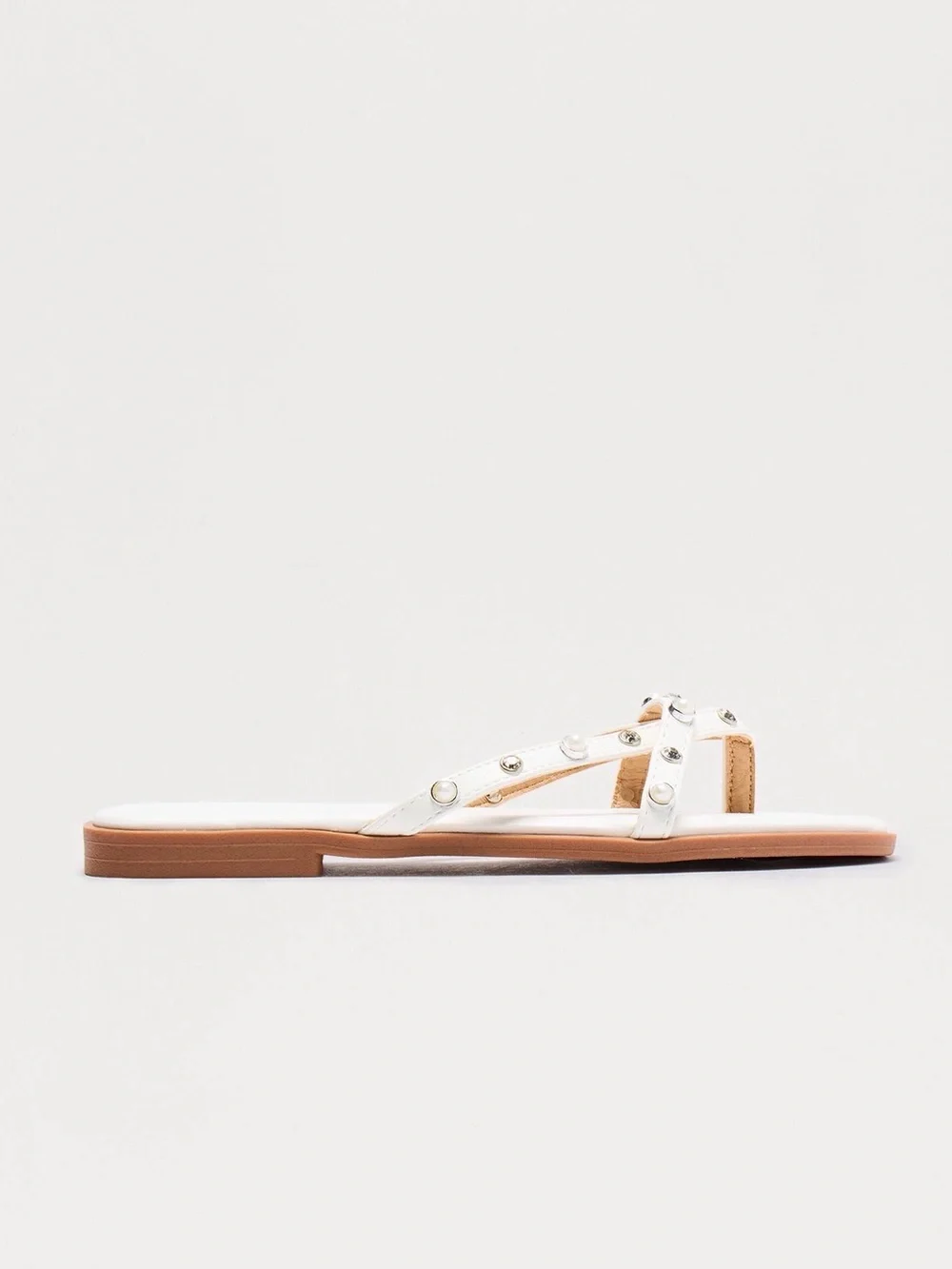 TOP Moda White Studded Leather T-Strap Sandals